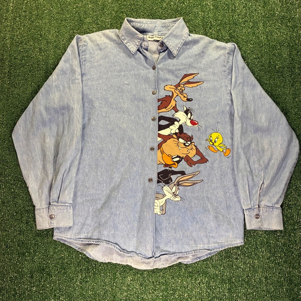 Vintage 90s Looney Tunes Jerry Leigh Denim‎ Button Down Shirt